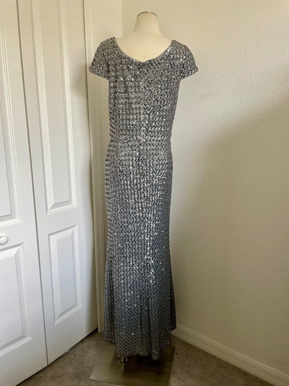 Alex Evenings Petites Grey Sequin Scoop Neck Cap Sleeve Gown Tag Size 14P - Picture 11 of 16